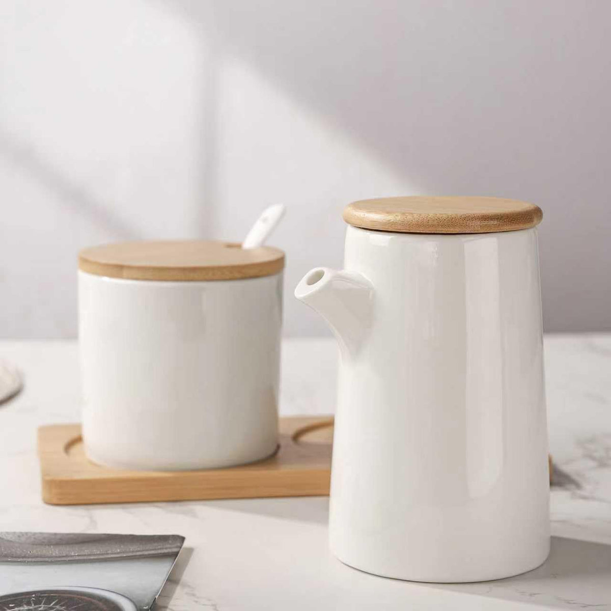 Ceramic Sugar and Creamer Set, 8oz Cream Bottle and Sugar Jars with Wooden Tray for Home Kitchen Coffee Bar