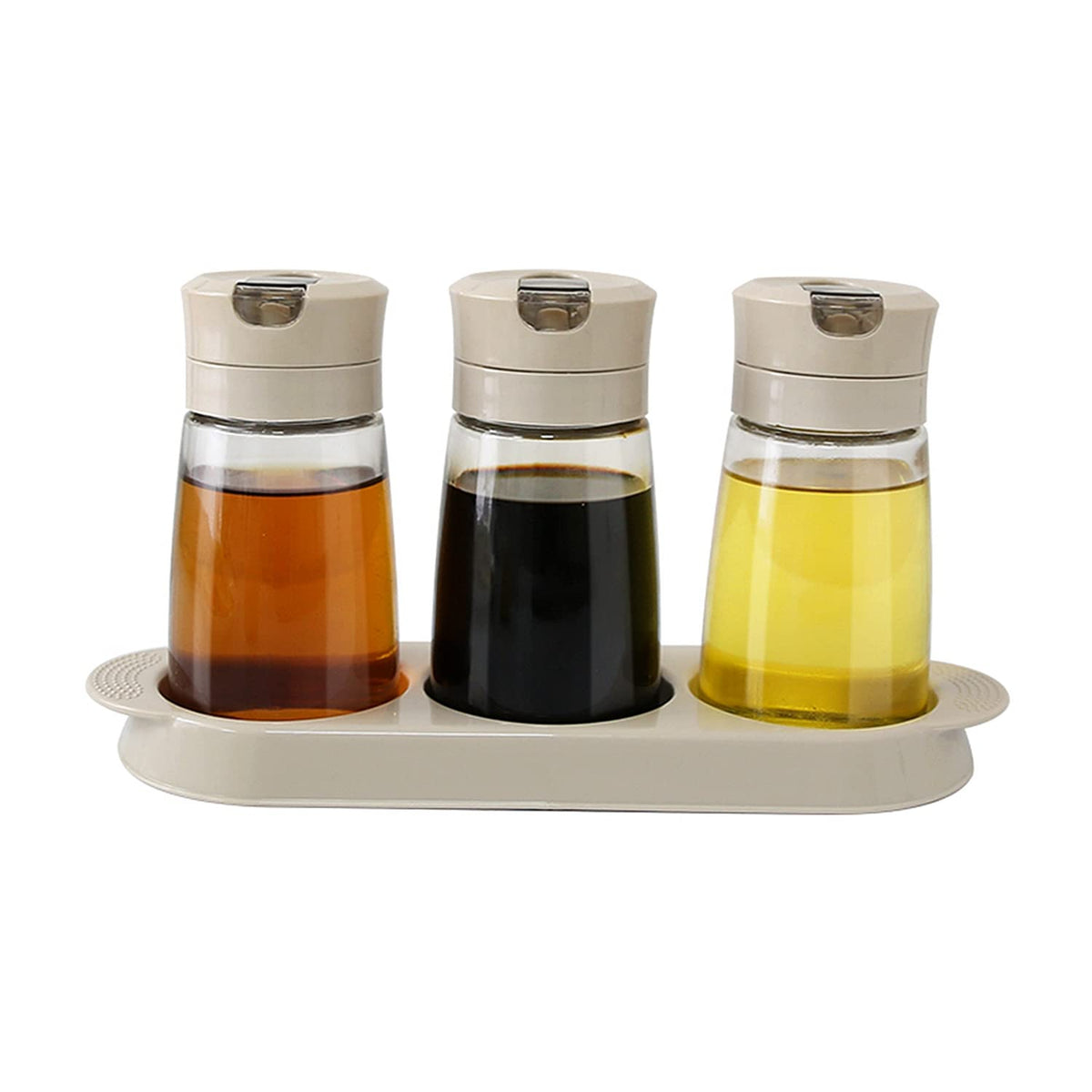 TIAN CHEN Soy Sauce Dispenser Set, Auto Flip Cap Vinegar Bottles, 3 in 1 Leakproof Glass Cooking Oil Container with Base Small(8.5OZ, Apricot)