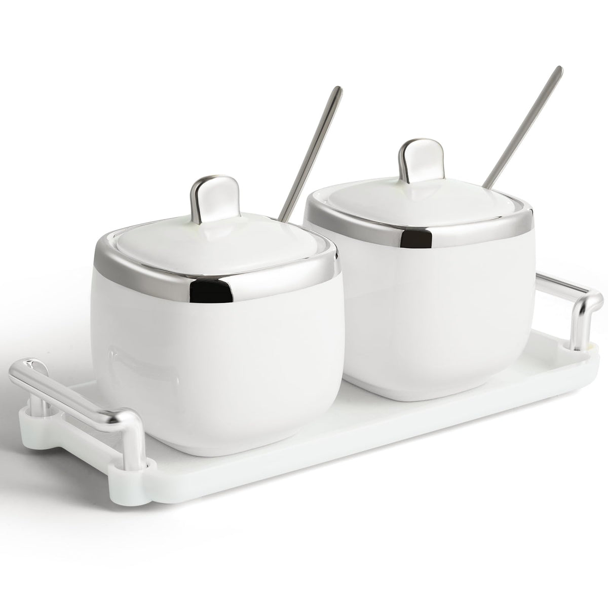 EABOSON Ceramic Sugar Bowl 2 Pack, Porcelain Seasoning Jar with Tray, Spoon and Lid for Sugar, Pepper, Coffee, Spice, Salt (silver)