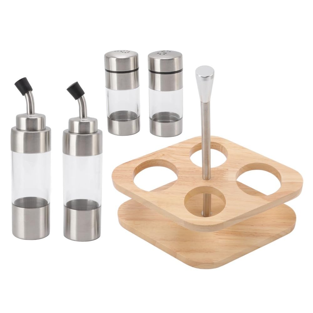 150ml Seasoning Bottle Set – Stainless Steel & Acrylic Spice Containers with Wooden Rack for Kitchen, Oil & Vinegar Dispensers, Leak-Proof Design