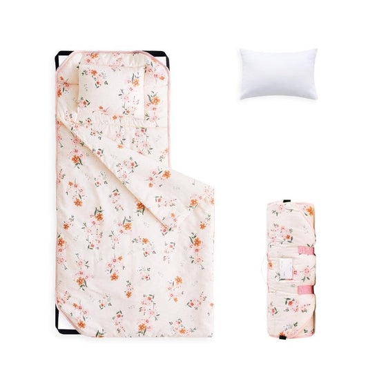 Wake In Cloud - Cot Nap Mat with Pillow and Blanket, 100% Cotton Fabric, for Toddler Kids Girls Ages 3 Plus in Daycare Kindergarten Preschool with Elastic Corner Straps, Floral Flowers, Light Pink