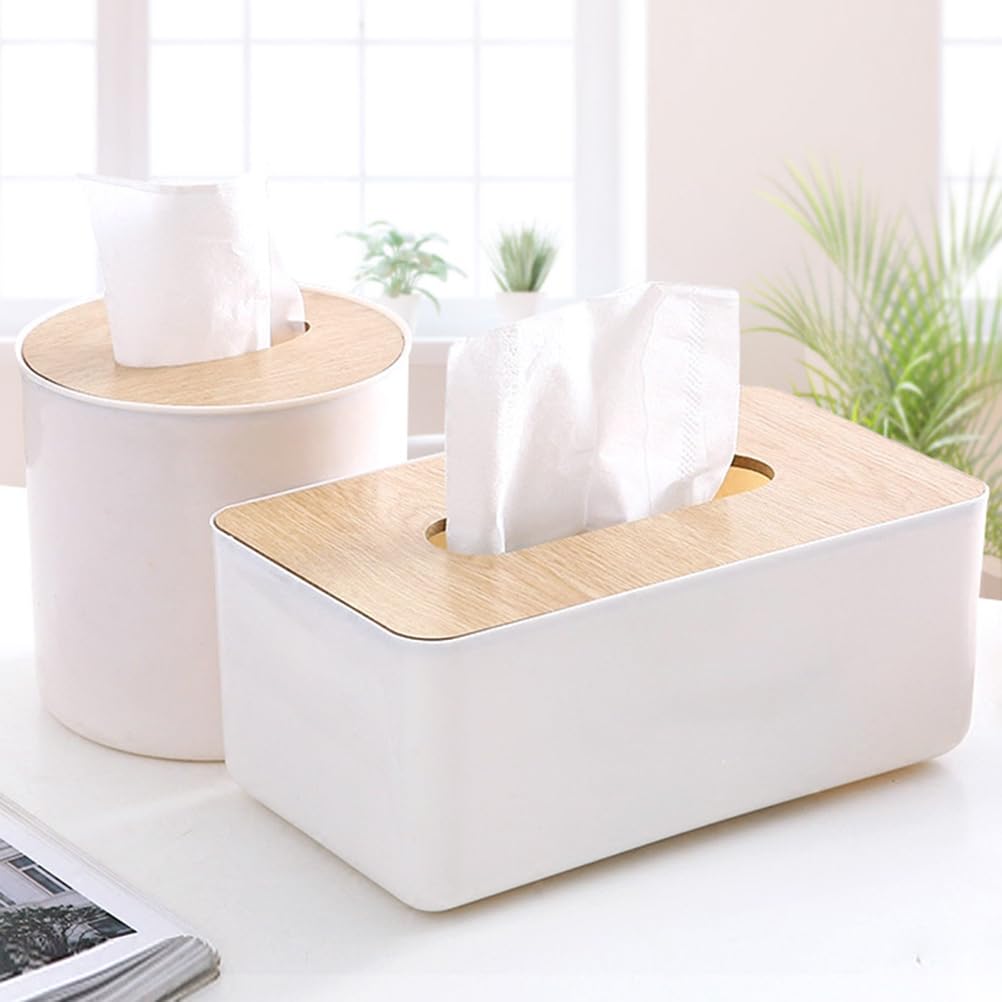 Cabilock Round Tissue Box Cover - Wooden Toilet Paper Holder Case and Facial Tissue Dispenser for Bathroom, Kitchen, Living Room (Boho Decor, 2Pcs)