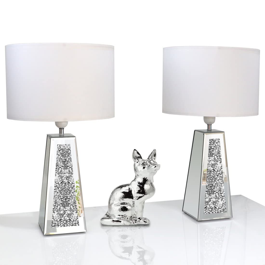 GOTHICO Silver Mirror Crushed Diamond LED Table Lamp, Four Prism Shaped Crystal Diamond Mirrored Base,White Round Linen Shade, 20.7" Height for Living Room Bedroom Office, Modern Art Decor,Set of 2