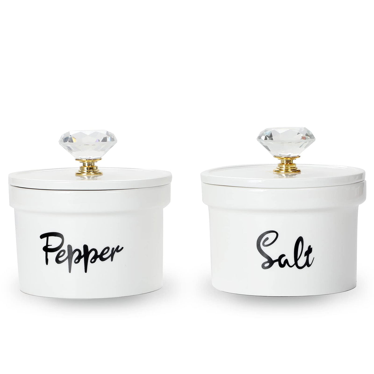 HAOTOP Salt and Pepper Bowls with Crystal Lid, 12.5 oz Ceramic Salt Pepper Container for Countertop,Farmhouse Kitchen Decor, Set of 2 (Gold)