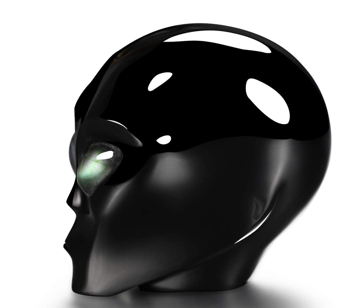 Skullis 3.0" Black Obsidian Star Being Female Alien Crystal Skull Companion with Labradorite Eyes, Hand Carved Gemstone Fine Art Sculpture, Reiki Healing Stone Statue