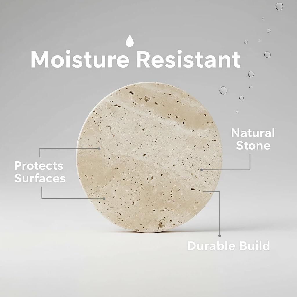 XINFUHUA Beige Travertine Coasters Set of 4, Non-Slip Cork Backing, Natural Stone Coaster for Drinks, Anti-Slip Round Artisanal Travertine Coaster for Kitchen Counter and Coffee Table (Round)
