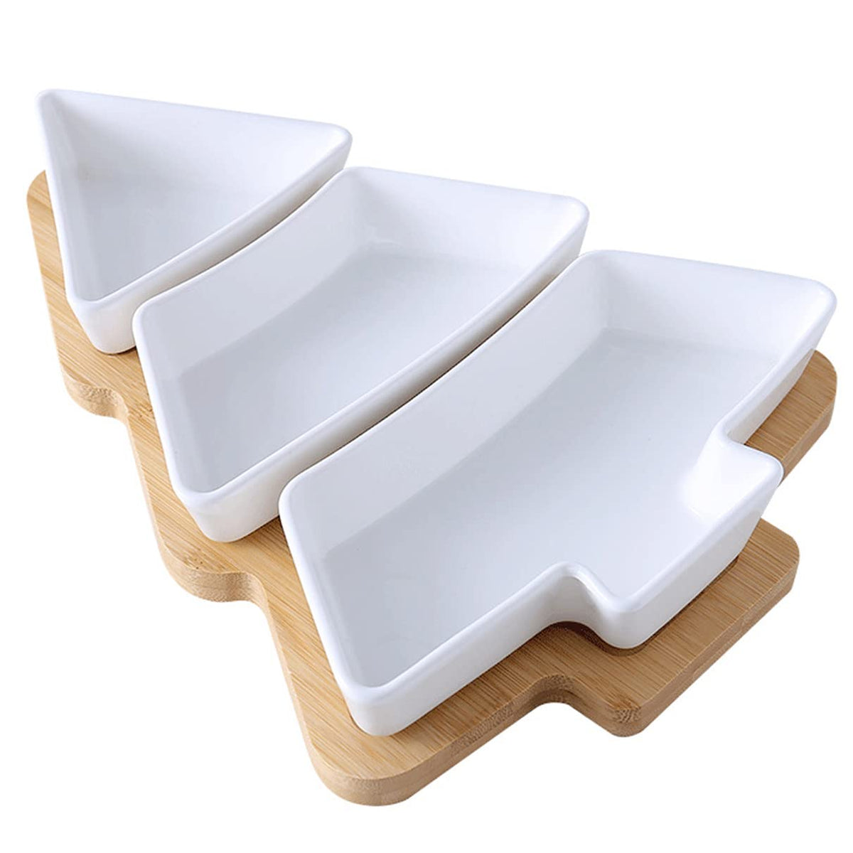 ROSE CREATE 11.6 Inches Big White Snack Appetizer Trays Set, Christmas Tree Dessert Serving Dishes, Snack Platter, 3 pcs Removable Porcelain Plates with Bamboo Tree Tray