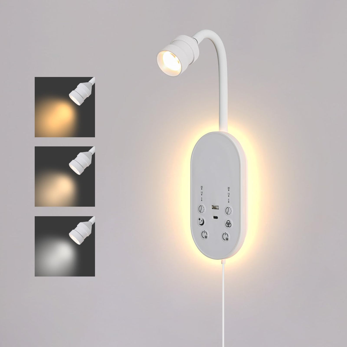 MOLUOLA LIGHTING LED Wall Mounted Reading Light for Bed, Book Light for Reading with Touch Control, Stepless Dimmable, Flexible Gooseneck Bed Light with USB C+A, Night Light & Timers Function (White)