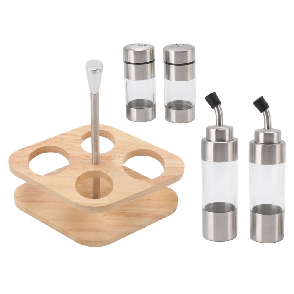150ml Seasoning Bottle Set – Stainless Steel & Acrylic Spice Containers with Wooden Rack for Kitchen, Oil & Vinegar Dispensers, Leak-Proof Design