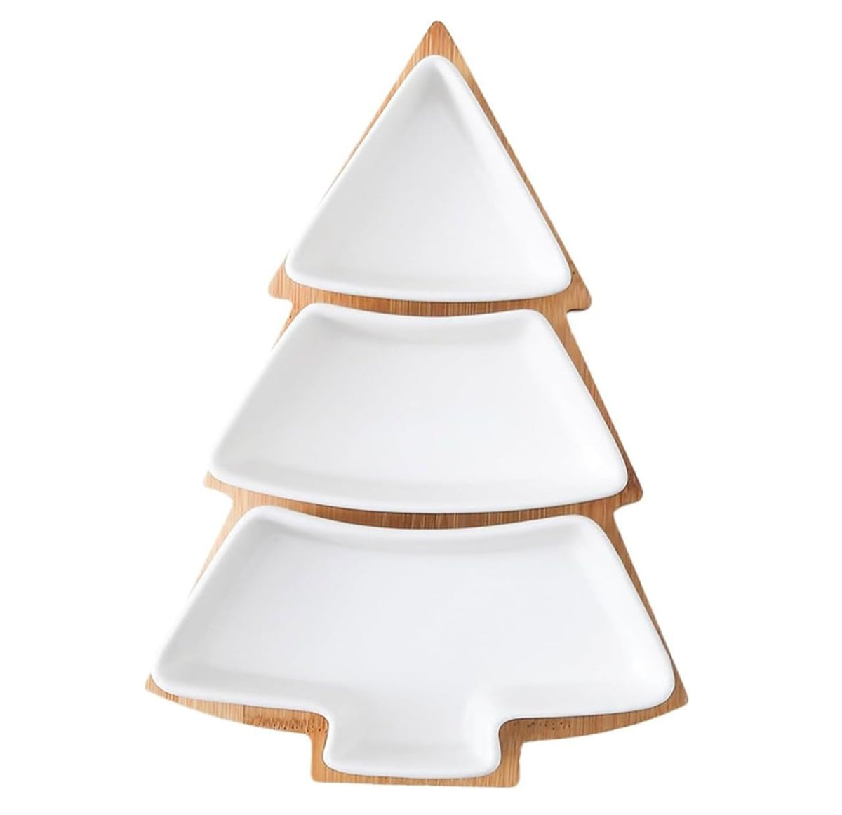 “Christmas Tree Shaped Serving Tray – 3 Tier White Ceramic Plates with Bamboo Stand – Holiday Snack & Dessert Display Platter”
