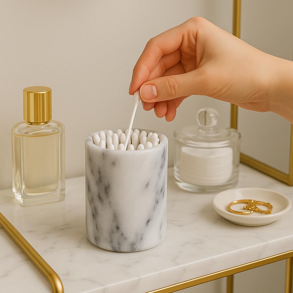 Luxury Hand-Carved Natural Marble Toothbrush & Makeup Brush Holder – Heavy-Duty Taiwan Yushan Stone for Bathroom, Vanity, Office & Desk Organizer (3.3” x 4.5”, Off-White)