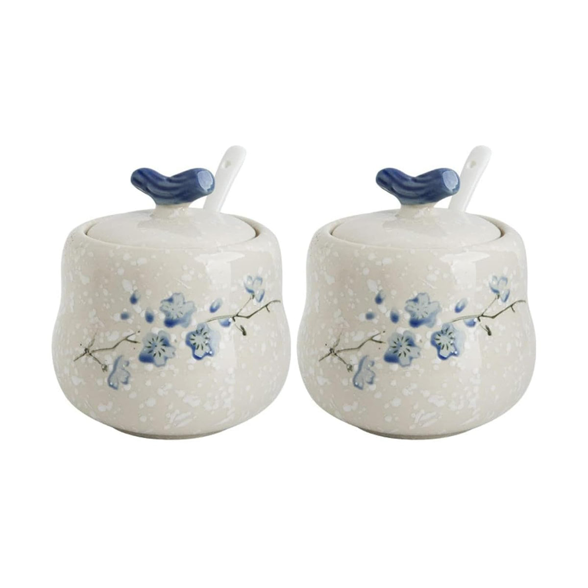 YMYL Ceramic Sugar Bowl with Lid and Spoon Set of 2, 13.5oz Porcelain Condiment Pots Salt Bowl Sugar Jar Seasoning Jars Set for Kitchen, Dishwasher Safe