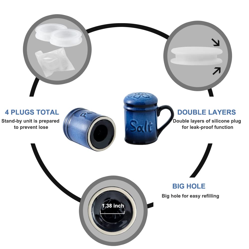 Nihow Ceramic Salt and Pepper Shakers Set & Pot Lid Holder: Heat Resistant & Dishwasher Safe Salt Shaker with Handle & Pan Lid Holder for Kitchen Counter Decor/Countertop - Elegant Black & Blue