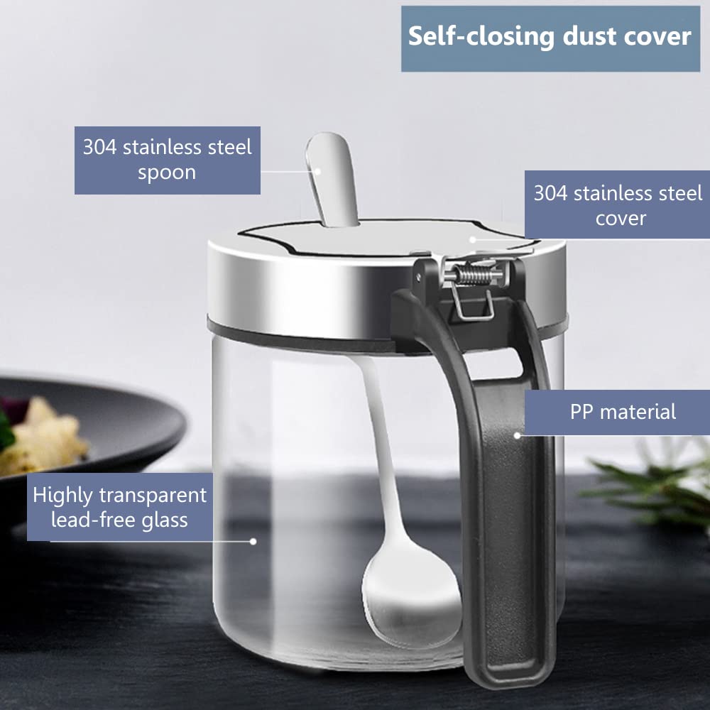 YMYL 3 Pcs Glass Condiment Jars Spice Containers with Stainless Steel Lids, Serving Spoon and Base Rack, 10oz Clear Seasoning Jars Coffee Sugar Pepper Salt Bowls for Kitchen Organization (3 Jars Set)