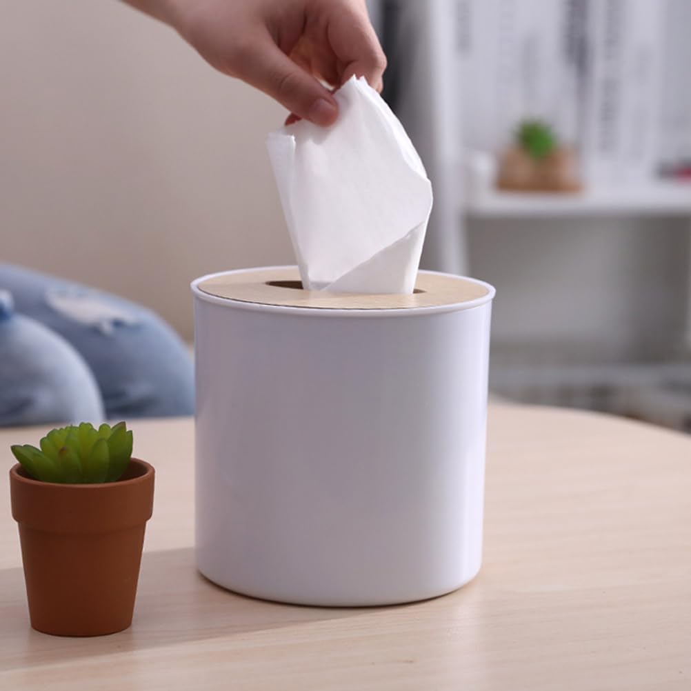 Cabilock Round Tissue Box Cover - Wooden Toilet Paper Holder Case and Facial Tissue Dispenser for Bathroom, Kitchen, Living Room (Boho Decor, 2Pcs)