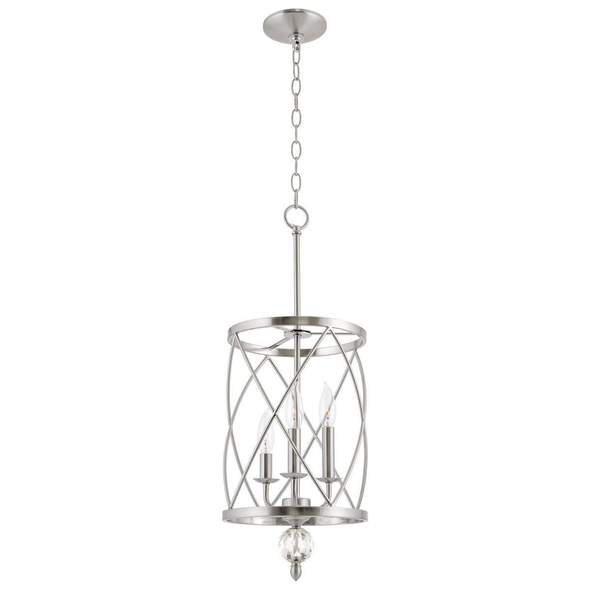 Kira Home Eleanor 27" Modern 3-Light Geometric Lantern Chandelier, Cylinder Trellis Cage Pendant Light with Crystal Finial, Brushed Nickel Finish