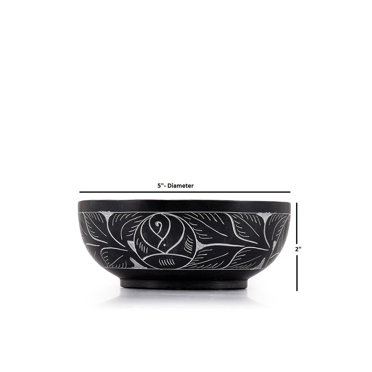 Kaizen Casa Hand Carved Natural Stone Smudge Bowl, White Leaf Design | Size 5' x 2' Black Ritual Bowl Display Jewelry Dish Kitchen Table Decor Gift