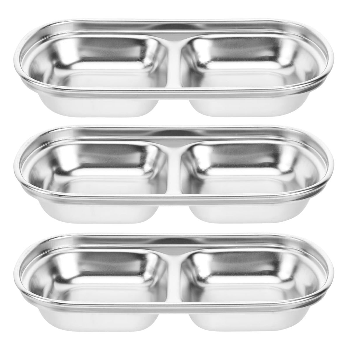 Hemoton 3Pcs Stainless Steel Seasoning Dishes,2 Grid Dipping Sauce Dishes Rectangle,Appetizer Plates,Dipping Sauce Bowl for Soy Vinegar BBQ-Chip and Condiments