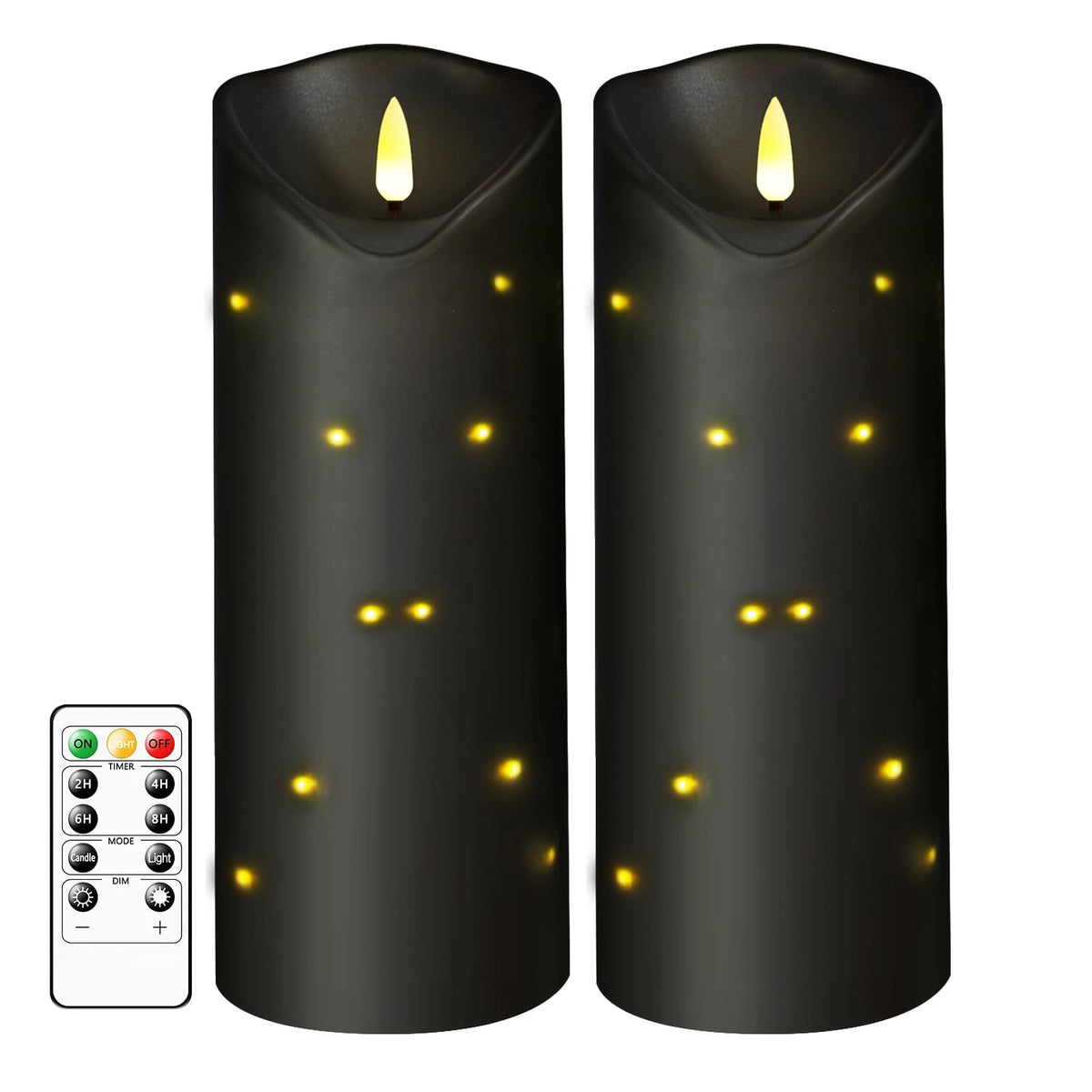 4" x10" Outdoor Flameless Candles Waterproof, Battery Operated LED Candles with Remote Control and Timer，Internal string lights，Black , Set of 2，Suitable for home decoration and holiday decoration