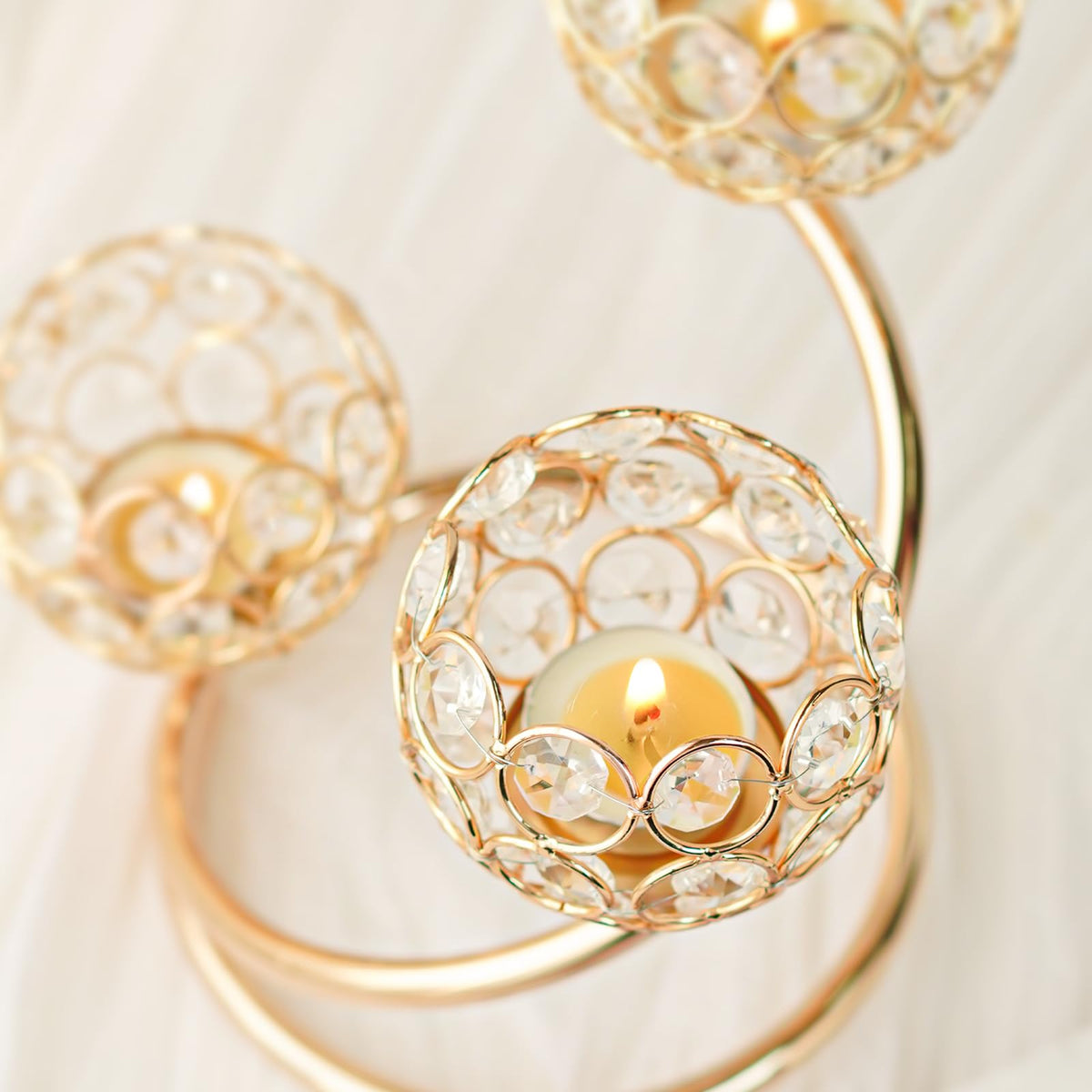 KEHAIL Metal Crystal Candle Holder Set of 2 - Elegant 3-Arm Metal Tea Light Centerpiece with Shining Crystal Bowl, Wedding Anniversary Table Decor for Dining, Party (Gold, 2 Pcs 3 Arm)