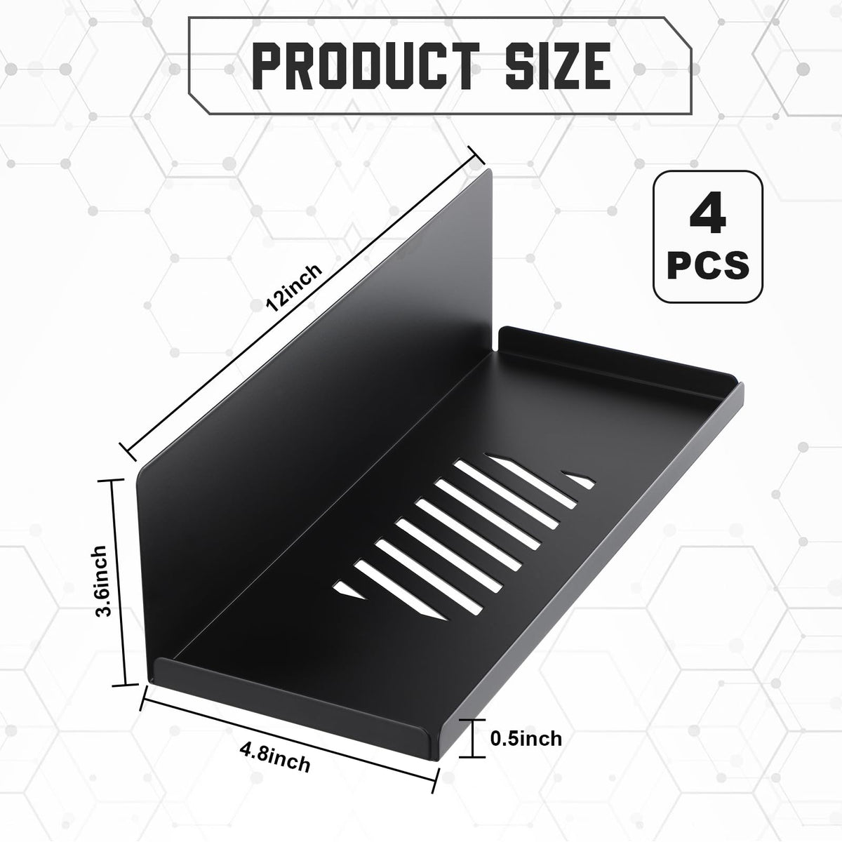 Therwen 4 Pack Magnetic Pegboard Shelves Wall Organizer Metal Pegboard Shelf Steel Tray Accessories Organizing Tools for Craft Home Kitchen(12 x 4.8 x 3.6 Inches,Black)