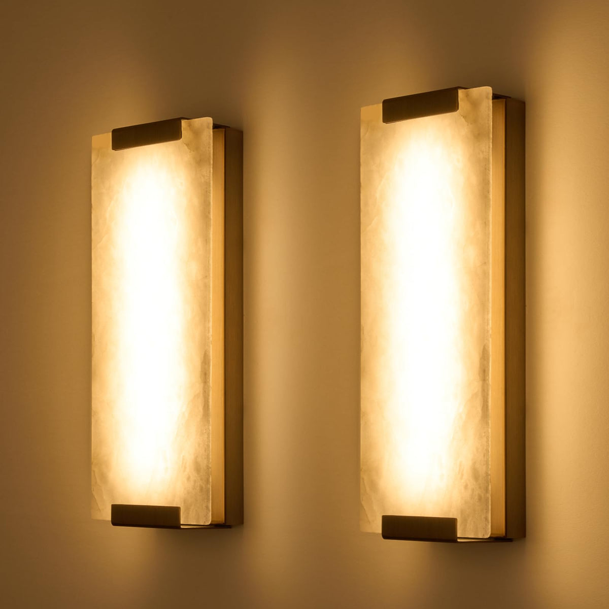 HOMLUCE 14.2in Alabaster Wall Sconces, Large Natural Marble Wall Sconces Set of Two, LED Modern Wall Lamp for Bedroom, Stairs, Living Room, Vanity, Bedside, Hallway （Brushed Bronze 12W）