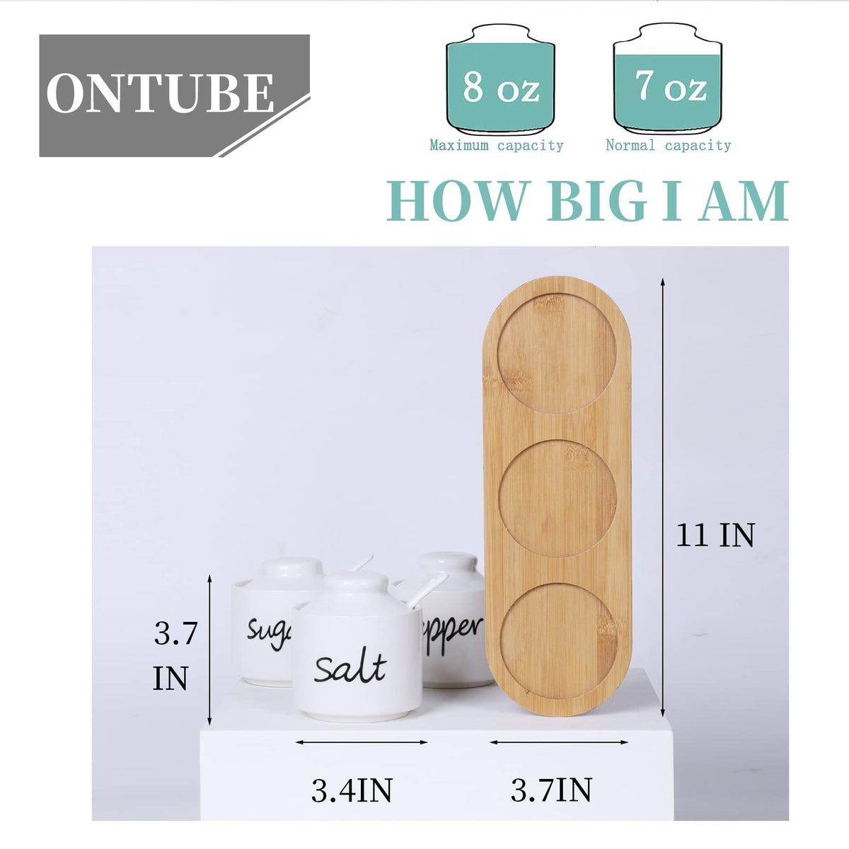 ONTUBE Farmhouse 8oz, Sugar Pepper and Salt Bowls with Lid and Spoon, Ceramics Condiment Pots,Seasoning Jar Spice Container for Kitchen,Dishwasher Safe (White)