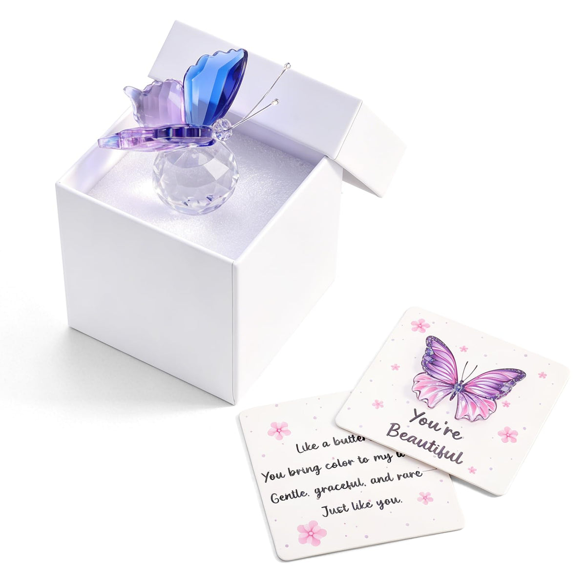 Crystal Butterfly Figurine, "You're Beautiful" Encouragement Gift with Card & Gift Box, Thinking of You Present for Mom Sister, Sympathy Get Well Soon Gift for Women, Blue-Purple Butterfly Decor