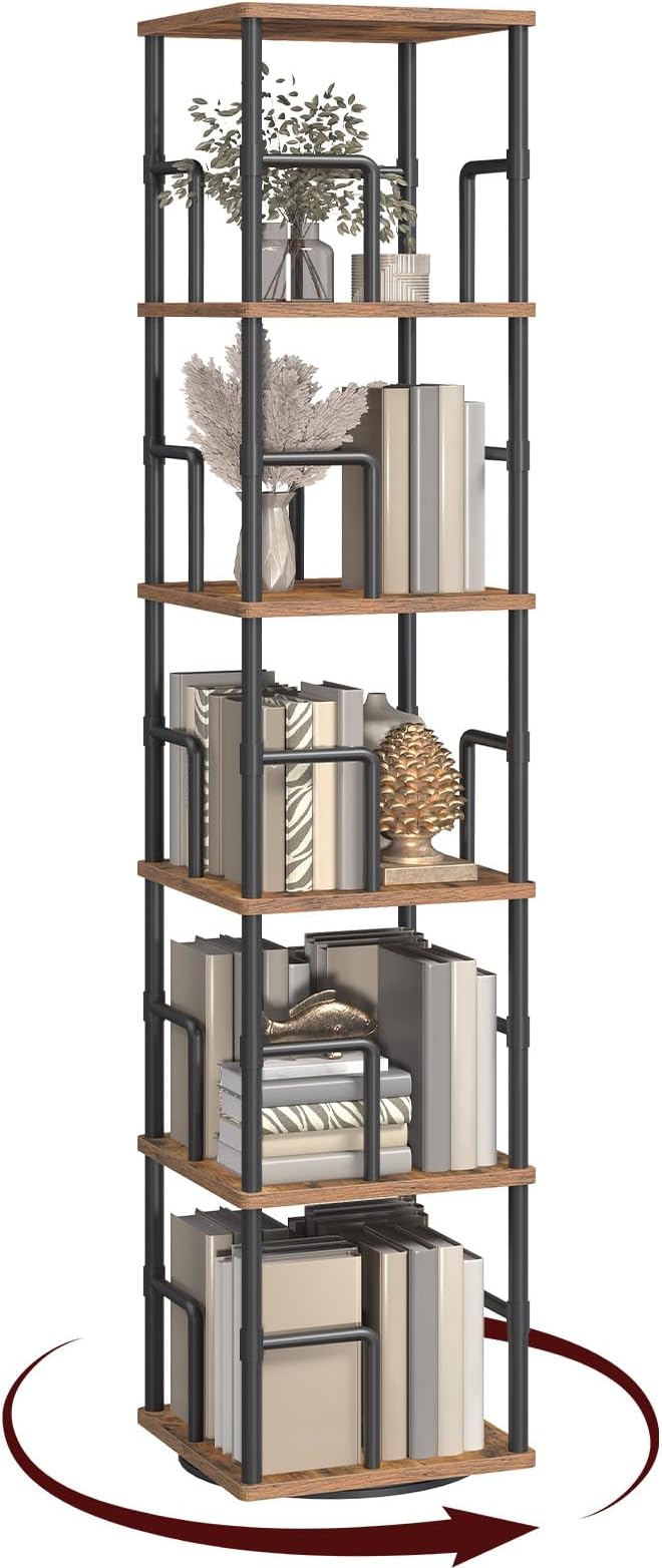 MAHANCRIS 5-Tier Rotating Bookshelf, Freestanding Corner Bookshelf, 360°