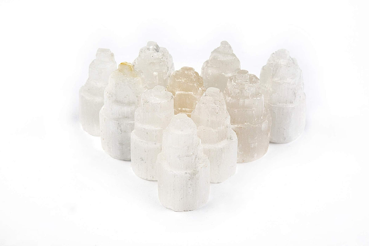 JIC Gem Set of 10 White Selenite Sky Tower Skyscraper Reiki Chakra Stone Crystal Healing Energy Tower 6-7cm Tall