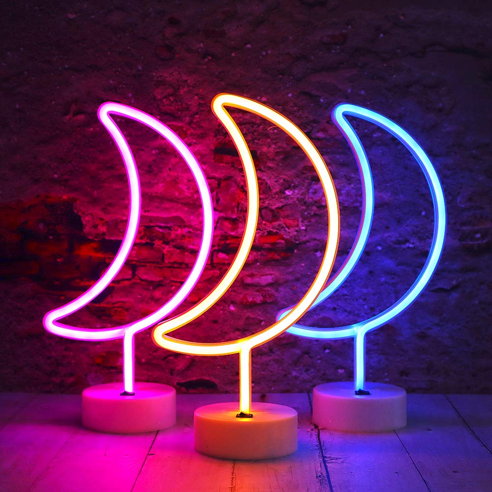 Vicila Neon Moon Lights, LED Moon Decor Neon Signs Crescent Night Lights Art Decorations Lamp for Party Supplies, Children Kids Girls Gift-Holder Base(Blue)