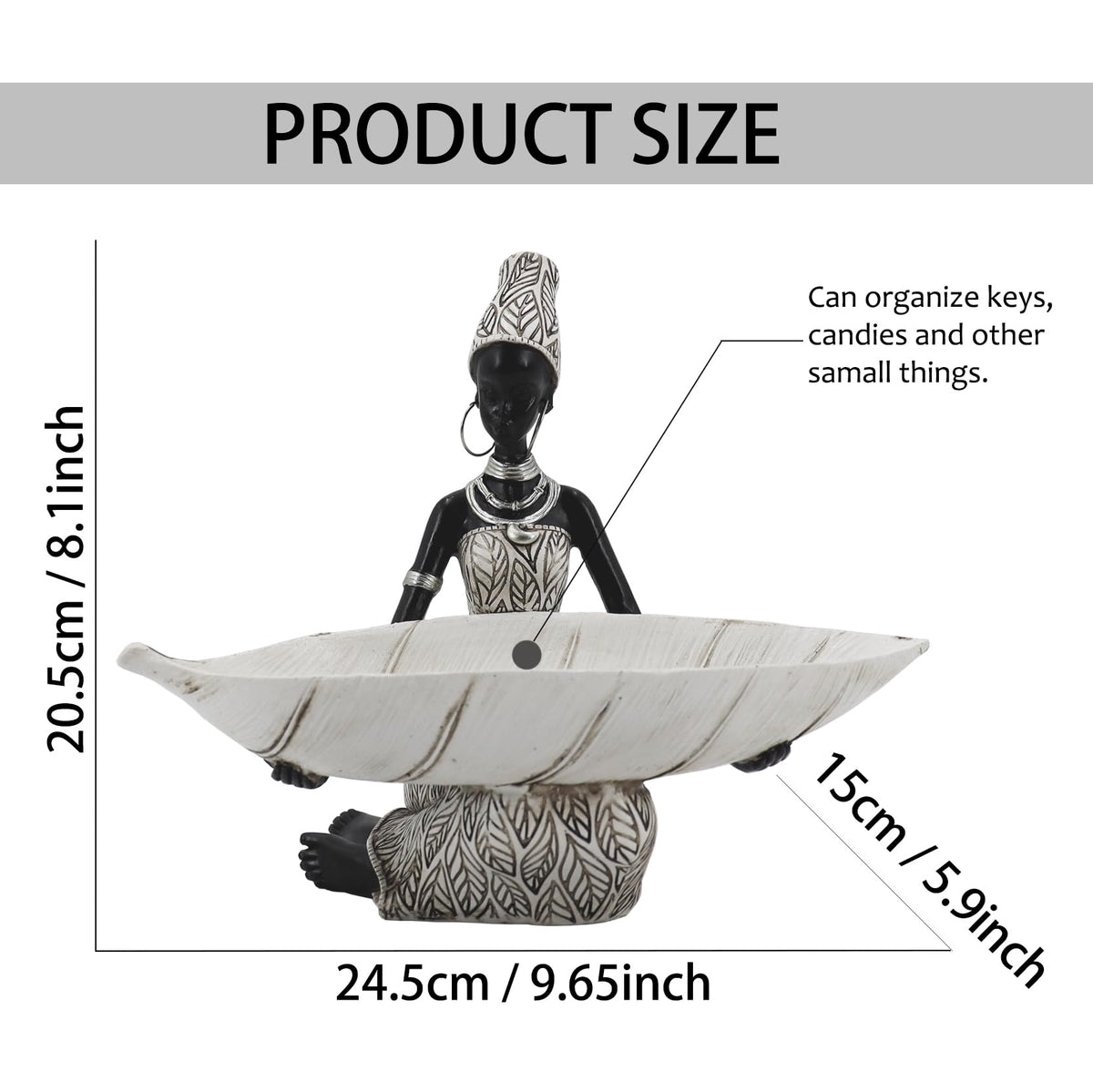 Lescafita African Woman Resin Tray Figurine, White Leaf Decorative Bowl Sculpture, Boho Tribal Art Statue for Jewelry Storage and Home Decor