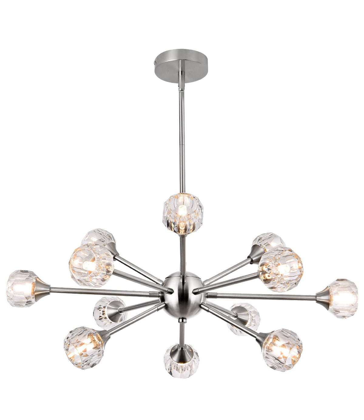 MKONOL Modern Sputnik Crystal Chandelier, 12-Light Brushed Nickel Firework Chandelier, Mid Century Dandelion Pendant Light Fixture for Dining Room, Living Room, Bedroom, G9 Base (Bulbs Not Included)