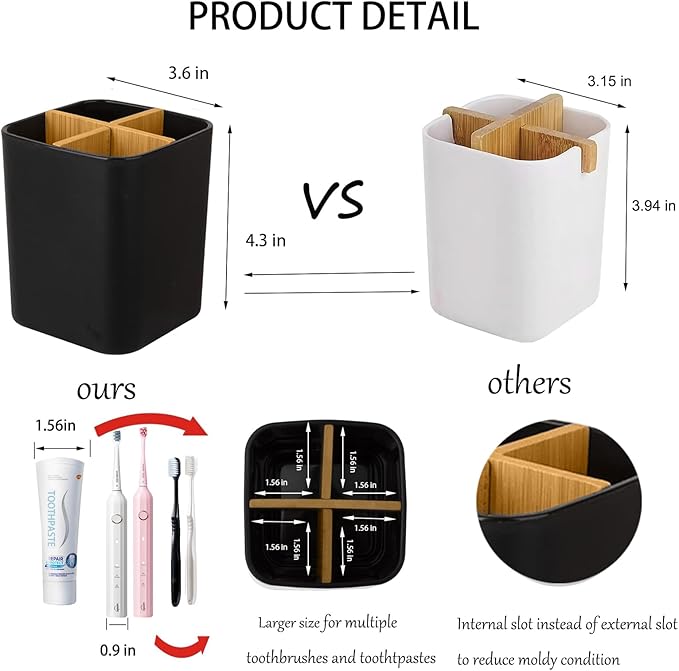 Bamboo Toothbrush Holder for Bathrooms, 4 Slots Toothbrush and Toothpaste