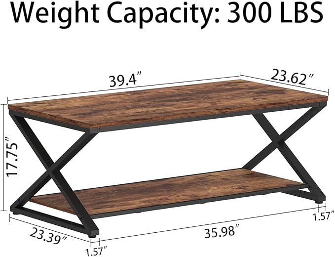HSH Wood Coffee Table with Storage, Farmhouse Rustic Brown Coffee Table