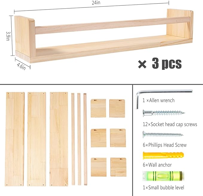 AZSKY Nursery Book Shelves 24 Inch Rustic Natural Wood Floating Shelves