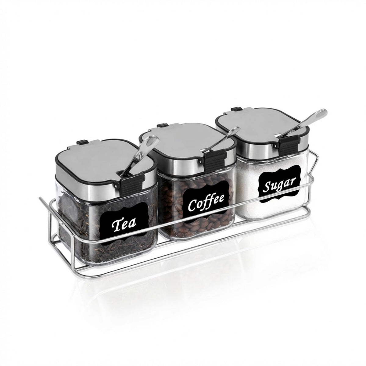Aelga Glass Sugar Canister Set with Lid, Spoons and Rack, 3 Pack Sugar Container for Coffee Bar, Stainless Steel Flip-Top Lid, Salt and Spice Jar for Kitchen Countertop, Coffee Bar Accessories