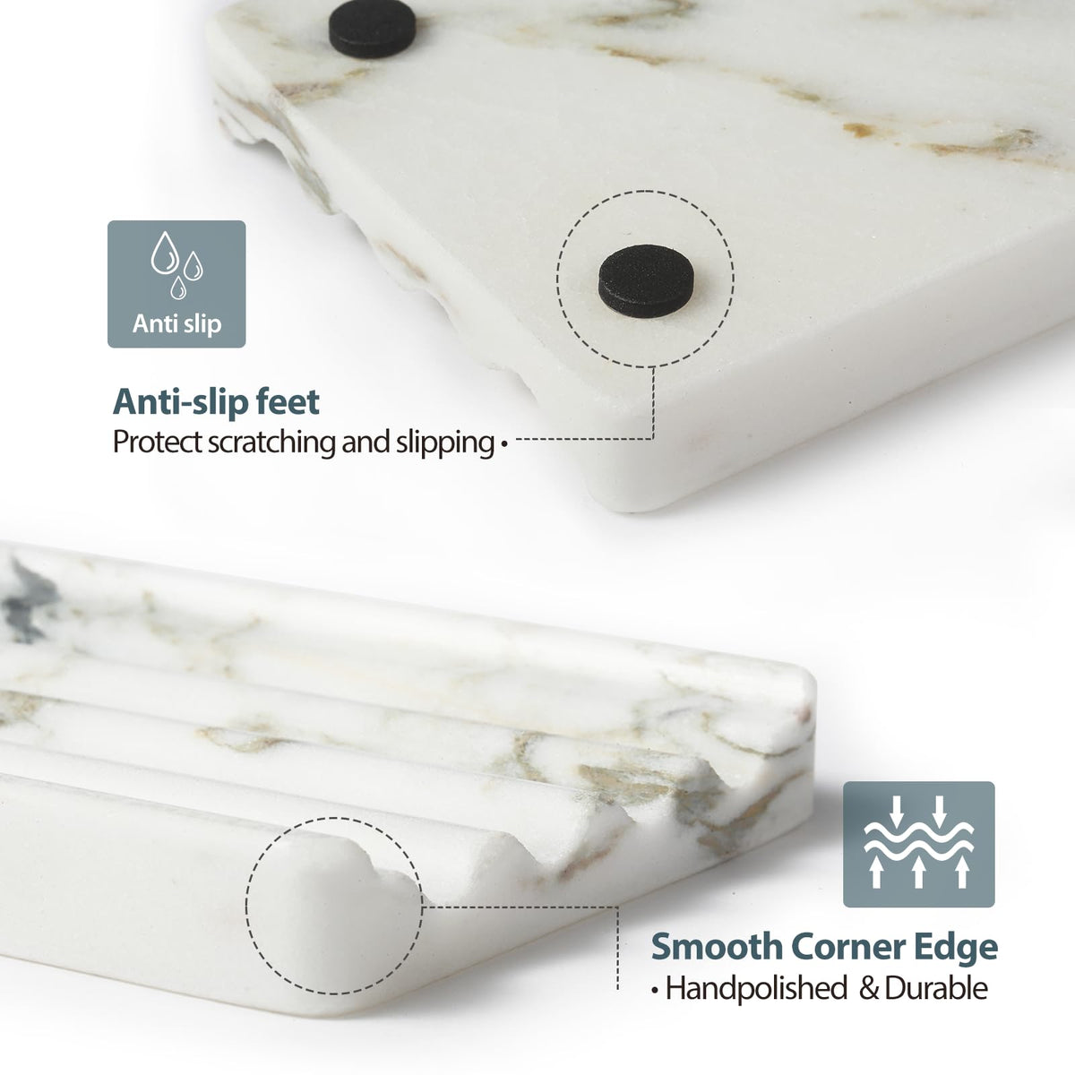 Koville African Natural Marble Soap Dish for Shower, Stone Soap Tray for Bathroom, Bar Soap Holder for Sink, Stripe Grooves Soap Saver Stone Dish Keep Bars Dry Easy Clean (Namib Bianco)