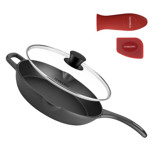 CUISGUSTO 12 Inch Cast Iron Skillet with Tempered Glass Lid, Pre-Seasoned for Consistent Heating, Silicone Handle Cover & Pan Scraper, Ideal for Holiday Cooking & Gifting