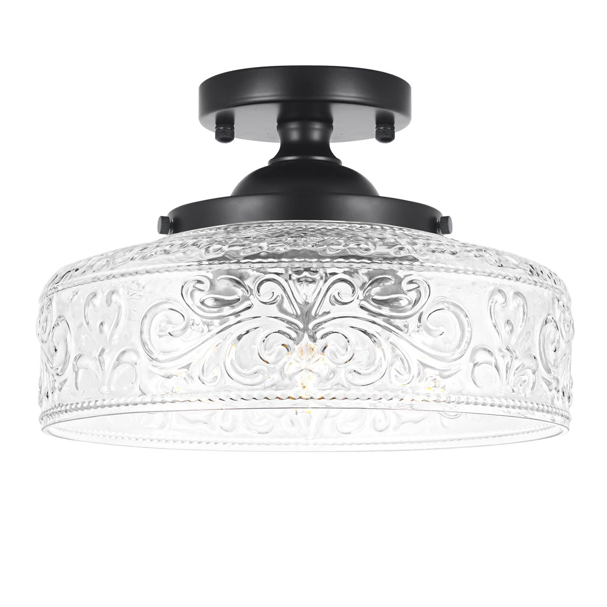 Daunton Semi Flush Mount Ceiling Light Fixture, Vintage Matte Black 3-Light Fixture with Etched Crystal Glass Shade for Kitchen,Hallway, Entryway, Bedroom (No E12 Bulbs Included)