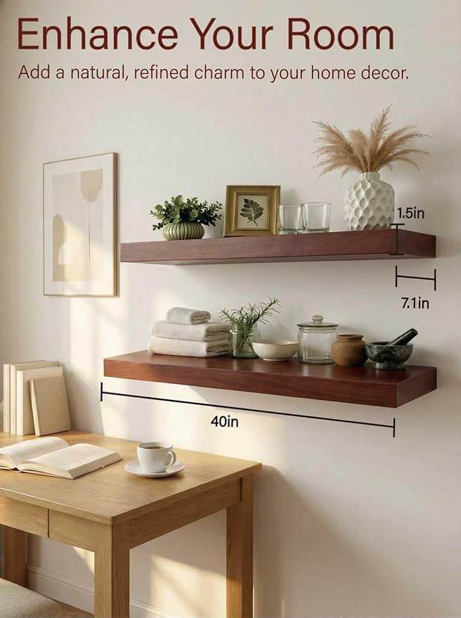 Solid Wood Floating Shelves, 40in Finished Real Wood Wall Shelves
