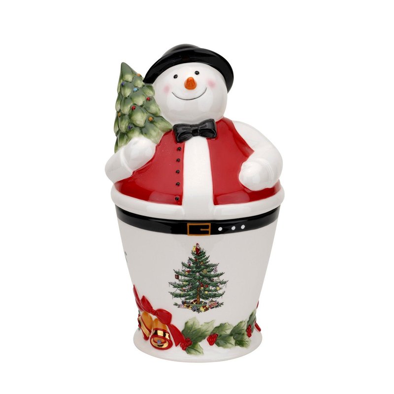 Spode Christmas Tree Mr. Snowman Cookie Jar - 10" Dolomite Christmas Cookie Jar with Lid - Winter-Themed Candy Jar for Kitchen Counter, Holiday Cookie Container, Festive Kitchen Decor, Seasonal Gift