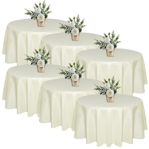 6 Pack 120 In Round Light Beige Tablecloths - Reusable Polyester Table Covers – Protect from Spills (Not Waterproof) – for Weddings, Banquets, Parties – Ships Folded, Wrinkles Likely, Steam Before Use