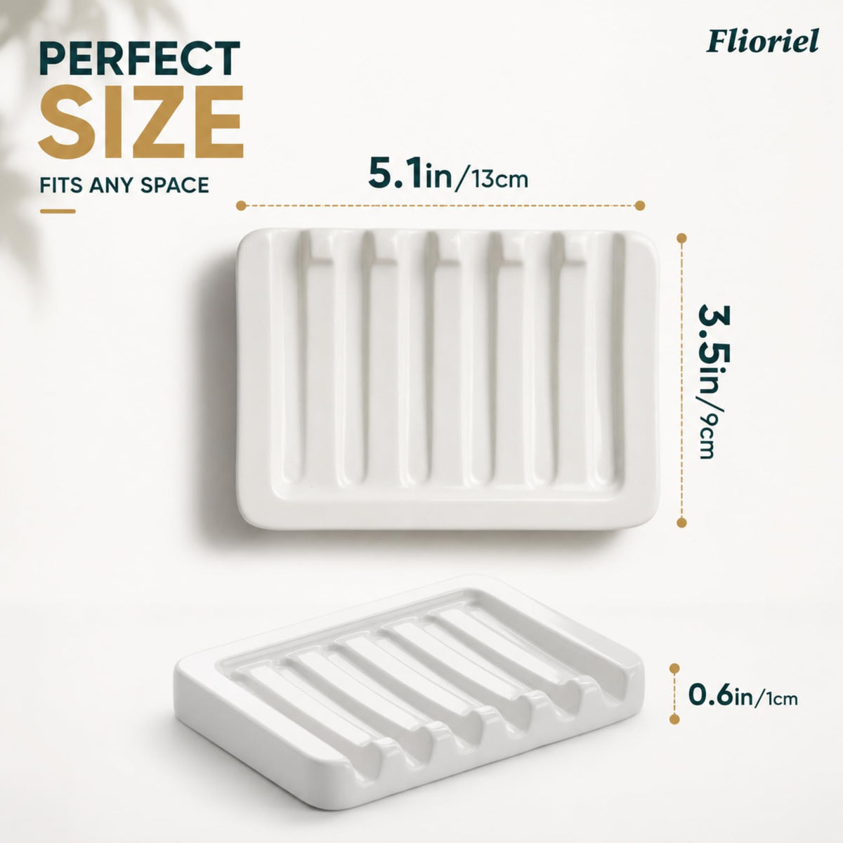 Flioriel White Ceramic Soap Dish, Self Draining Soap Holder for Shower & Bathroom Sink, Porcelain Soap Tray with Anti-Slip Silicone Pads, Easy to Clean & Keep Soap Dry, Modern Minimalist (White)