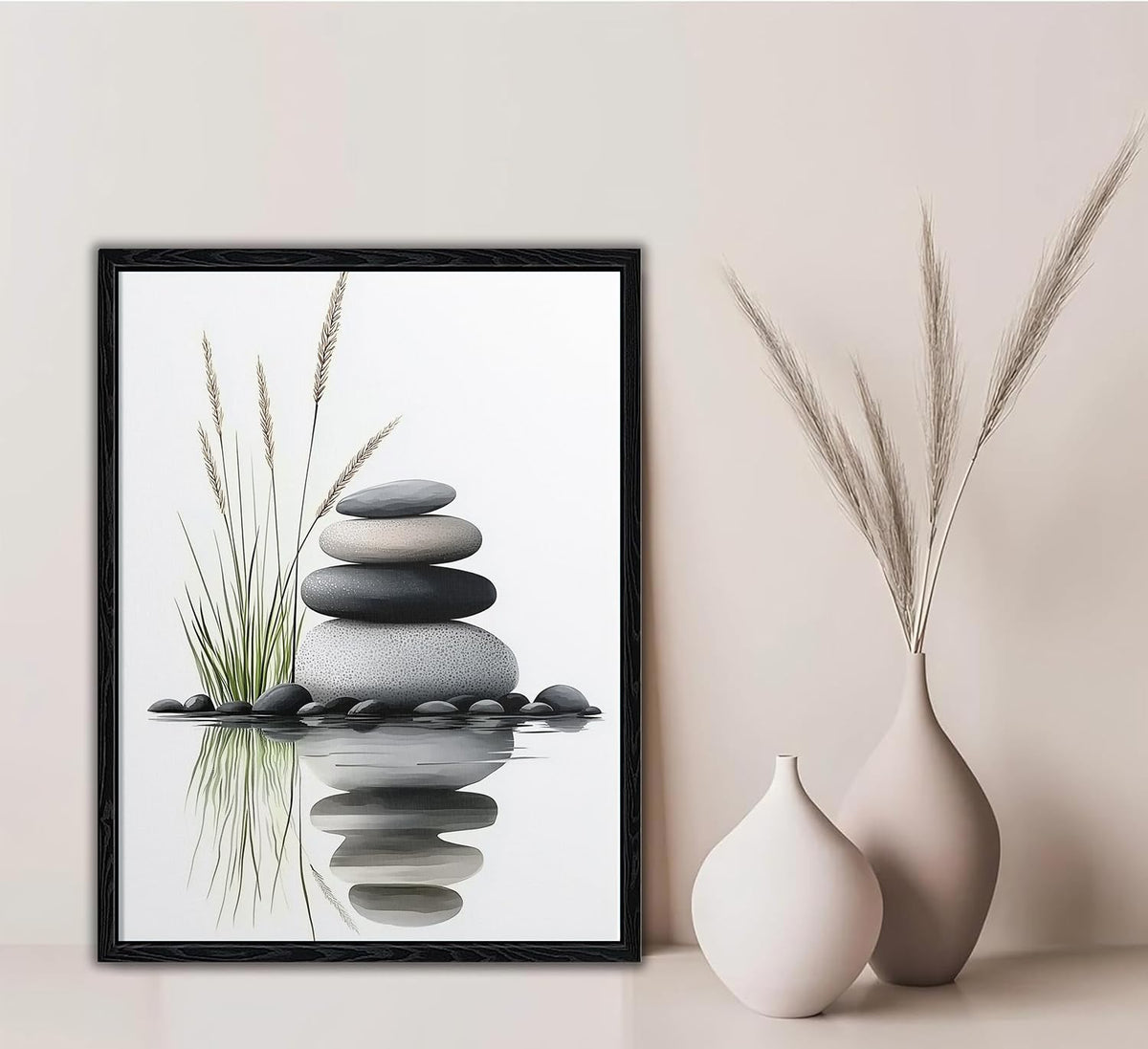 Serene Zen Stacked Stones with Water Reflection Canvas Wall Art - Cozy Modern Minimalist Spa Decor for Bathroom Bedroom Living Room - HD Waterproof Premium Stretched Framed Ready to Hang 12x16 Inches
