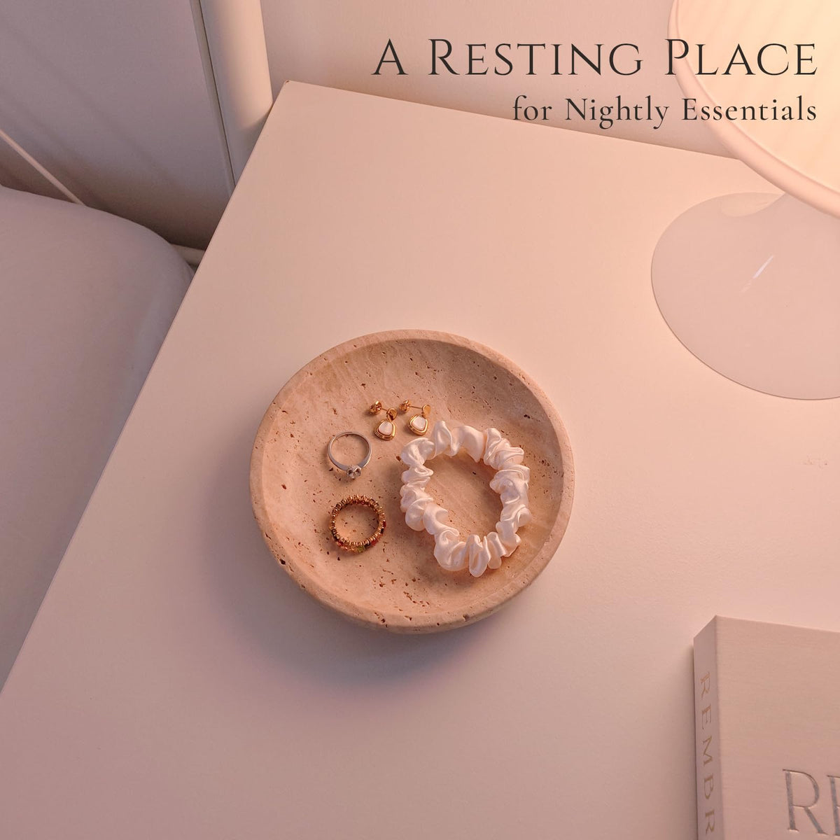 Gixemeva Natural Travertine Valet Tray - 5.5" Round Stone Jewelry Trinket Dish Catchall for Keys, Watches, Rings - Decorative Beige Bowl for Entryway, Nightstand, Bathroom Vanity