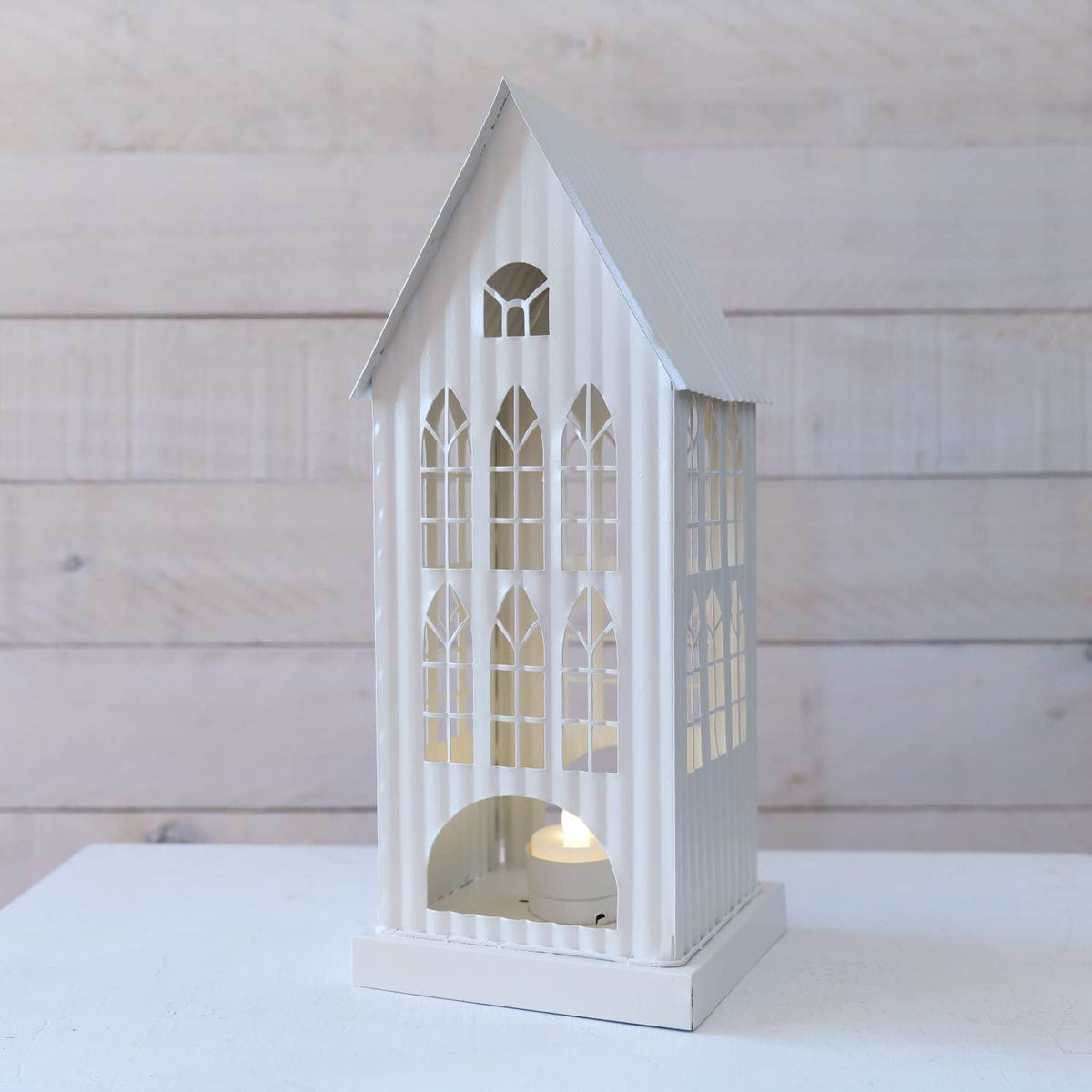 Orchid & Ivy 12.5-Inch Tall Rustic White Galvanized Metal Decorative Tin House Candle Holder Country Farmhouse Tabletop Mantel Shelf Tea Light Lantern Indoor Outdoor Home Decor