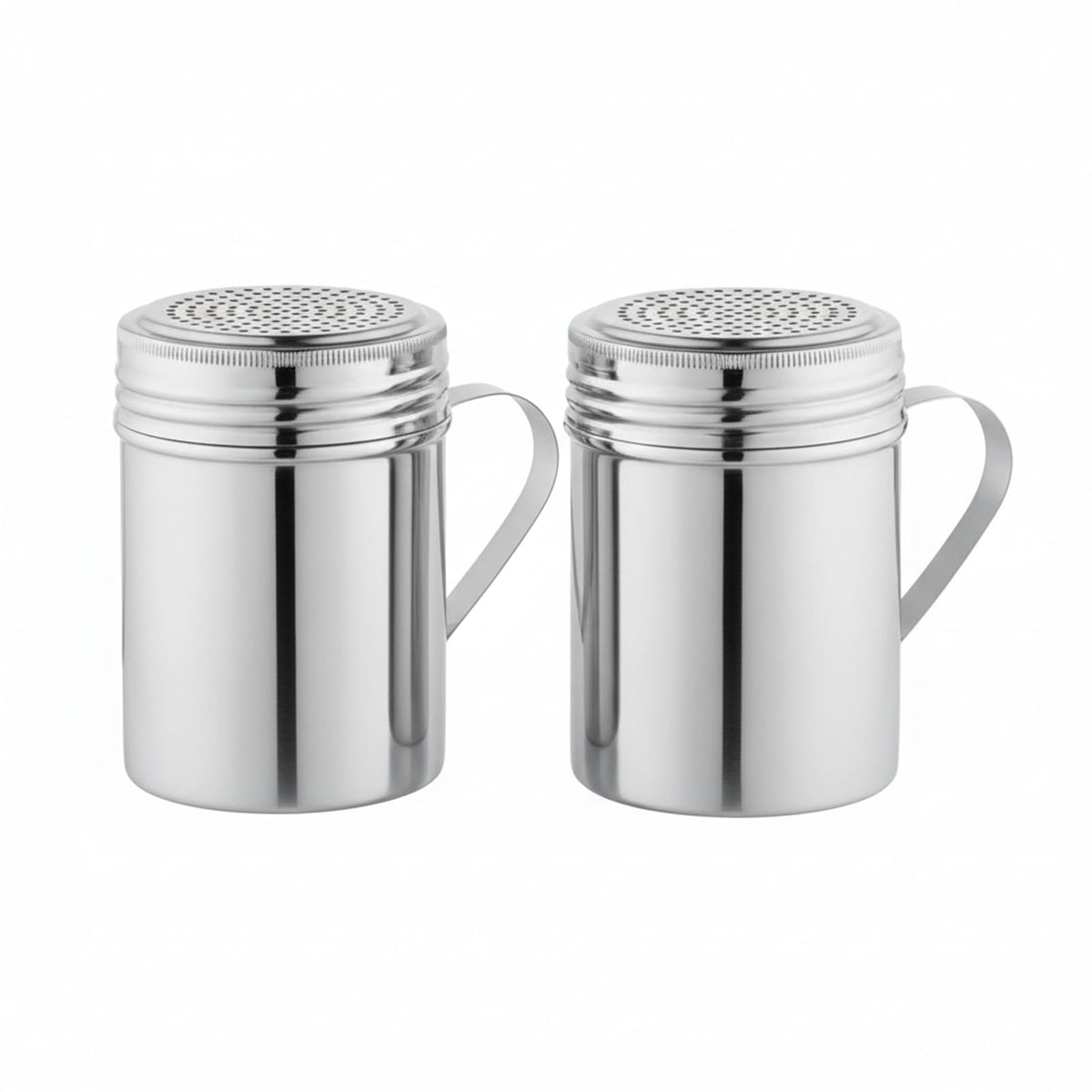 Notana Stainless Steel 10 Ounce Dredge Shakers with Handle for Powder Sugar, Flour Duster for Baking, Seasoning Shaker, Salt and Pepper Shakers, Cinnamon Sugar Dispenser for Kitchen (2-PACK)