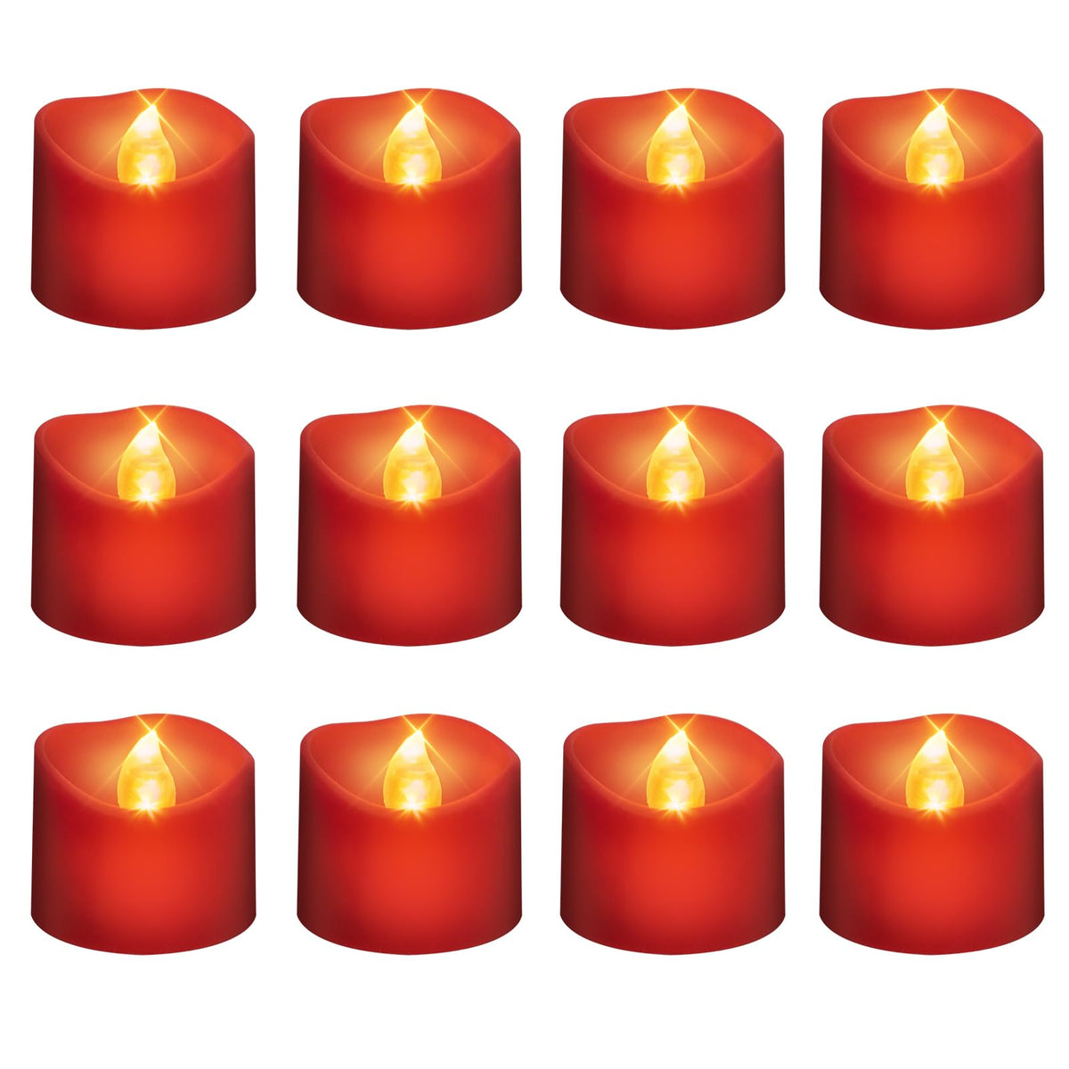 Windshell Red Base Warm White Flickering Flame LED Tea Lights, 6H Timer (No Remote), Battery Operated Flameless Tealight Candles for Christmas Holiday Home Decor, 12 Pack