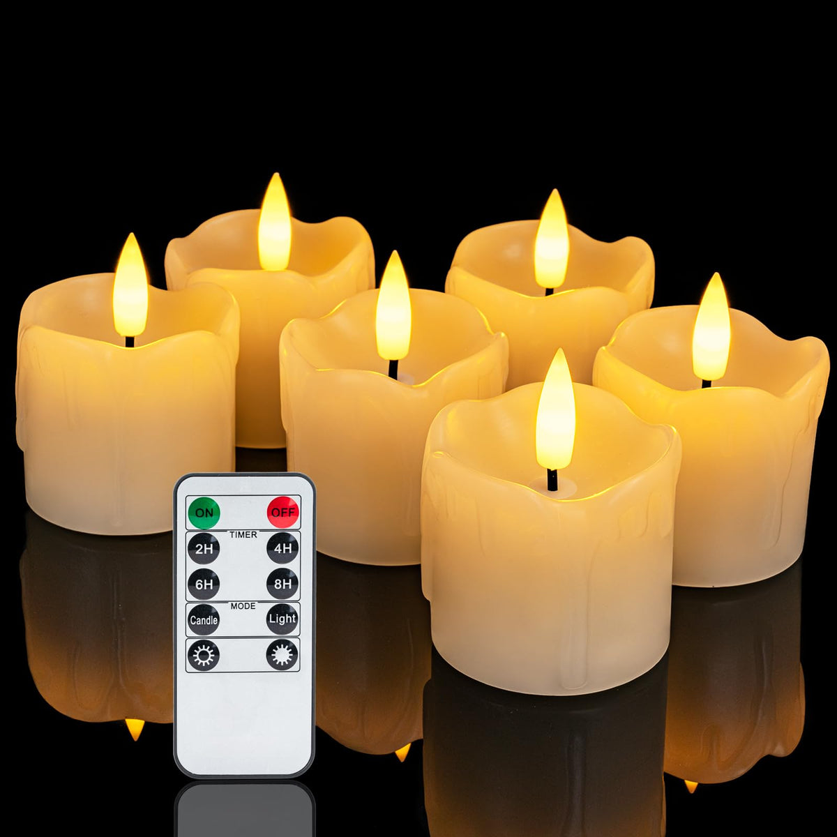 Homemory Flameless Votive Candles with Timer Remote, 2" x 2" Real Wax, 300+ Hour Realistic Black Wick Battery Operated Candles, Set of 6 for Wedding, Party and Holiday Decoration (Battery Included)
